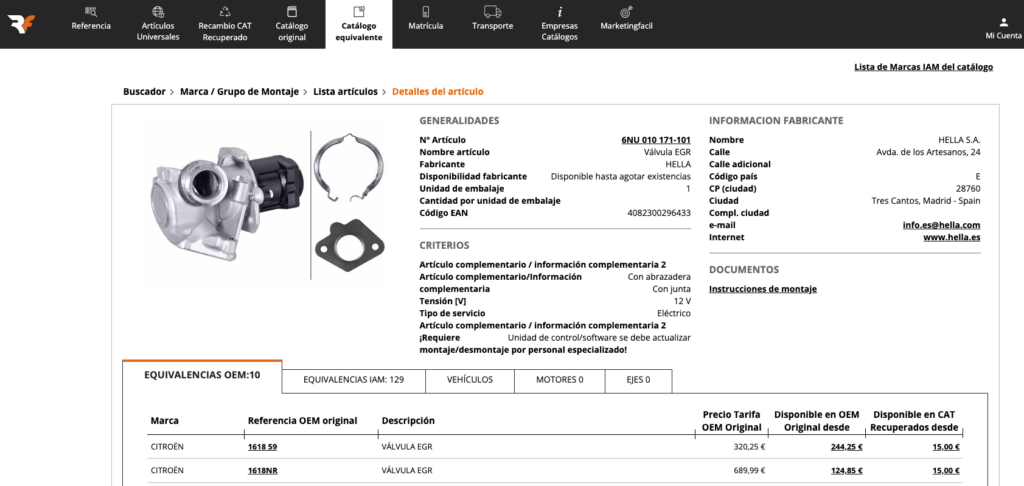 Características técnicas de la referencia en el Catálogo Equivalente
